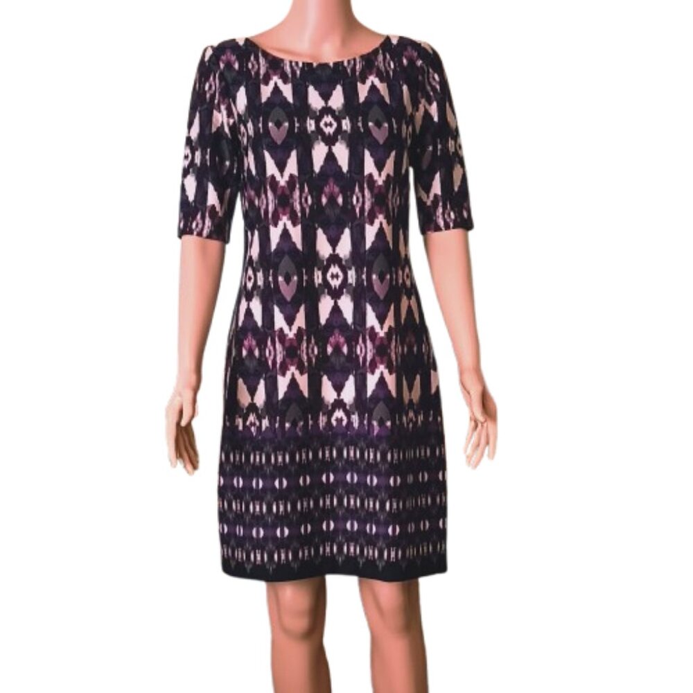 Eliza J Aztec Print Sheath Dress Size 2 Purple Eggplant 3/4 Sleeve Stretch